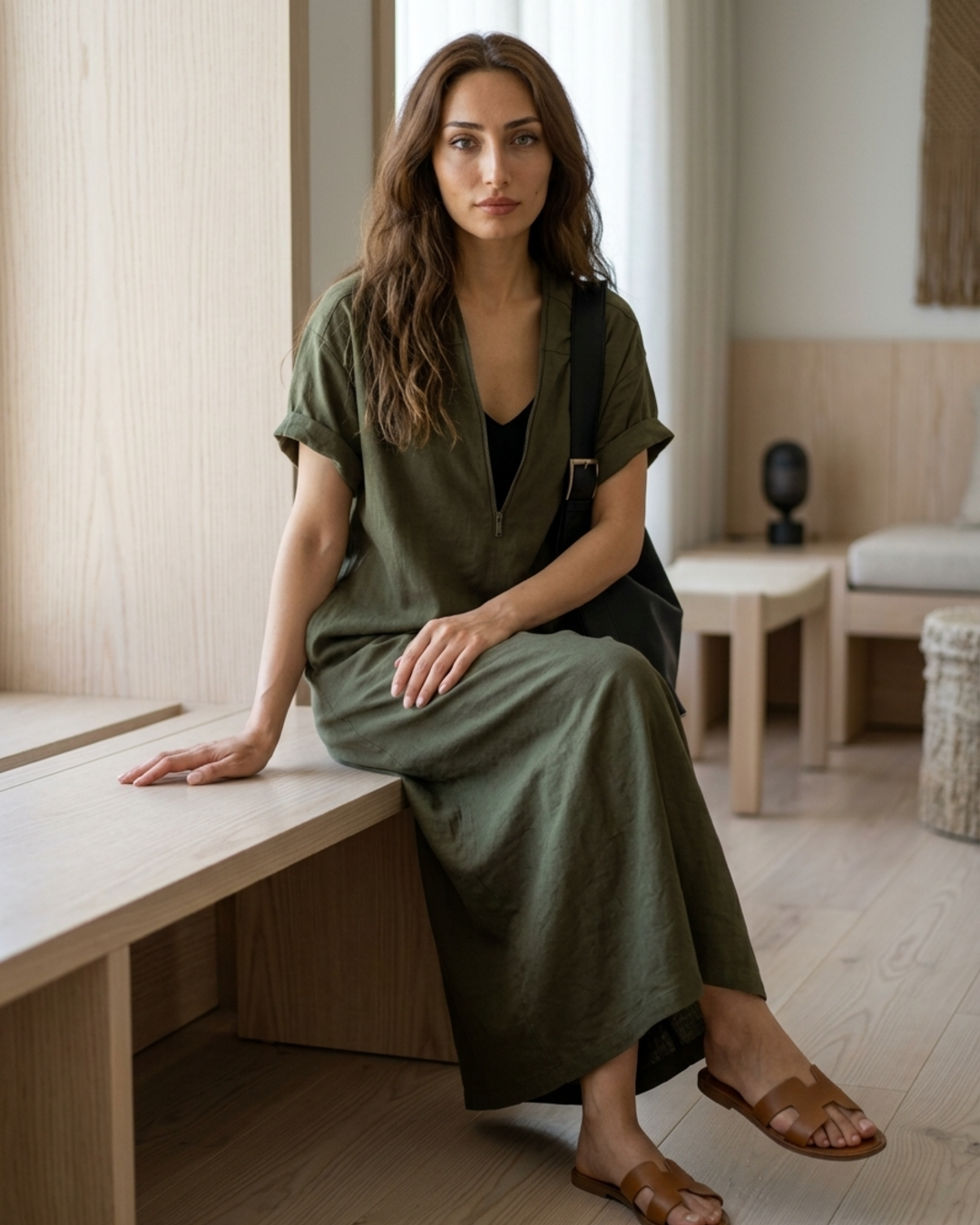 Women’s T-Shirt Midi Dress with Half-Zipper Neck and Pockets