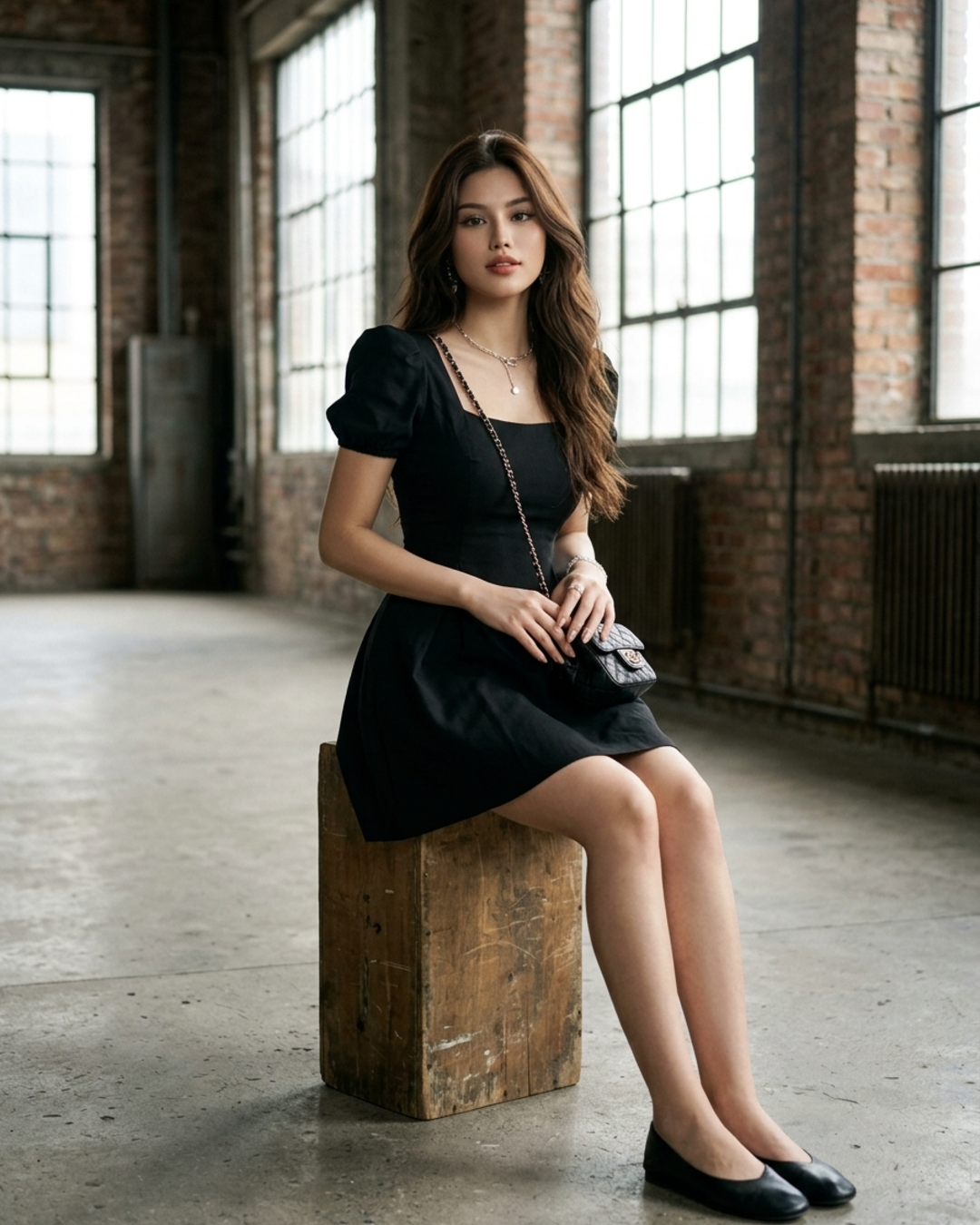 Women’s A-Line Mini Dress with Square Neckline and Puff Sleeves