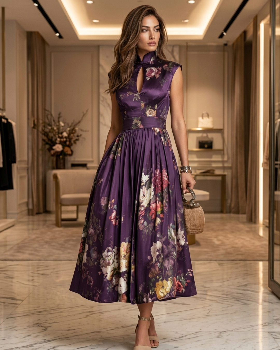 Women’s Midi Dress with Mandarin Collar and Keyhole Neckline