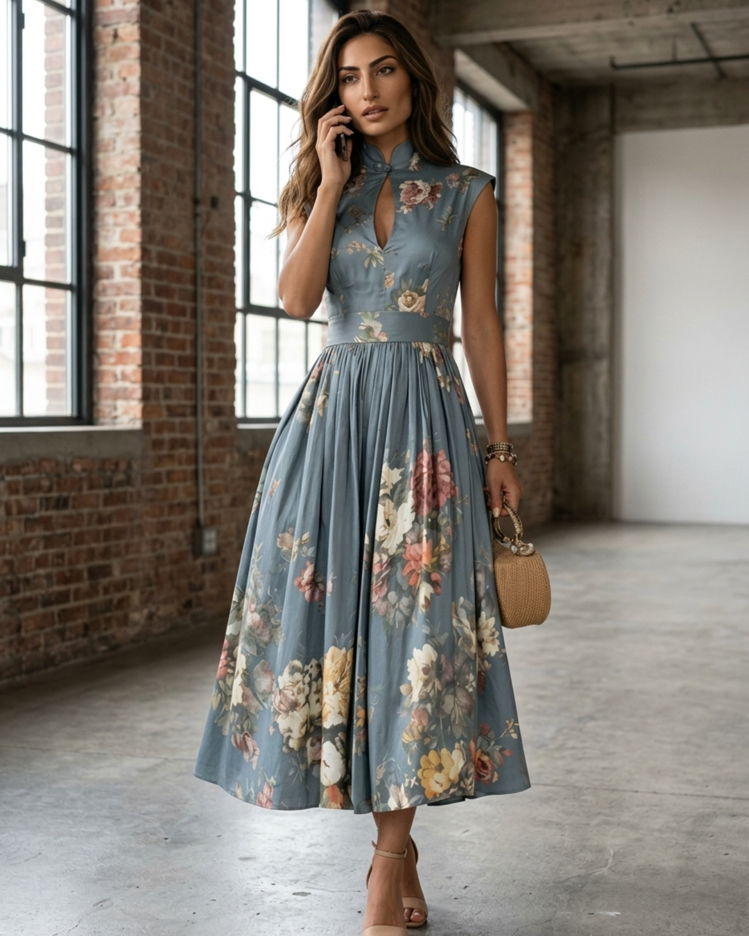 Women’s Midi Dress with Mandarin Collar and Keyhole Neckline