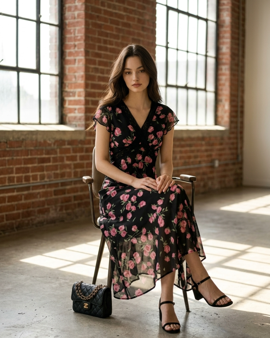 Women’s Floral Midi Dress with V-Neck and Flutter Sleeves