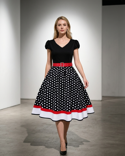 Women’s Vintage Swing Dress with Belt and Contrast Border Hem