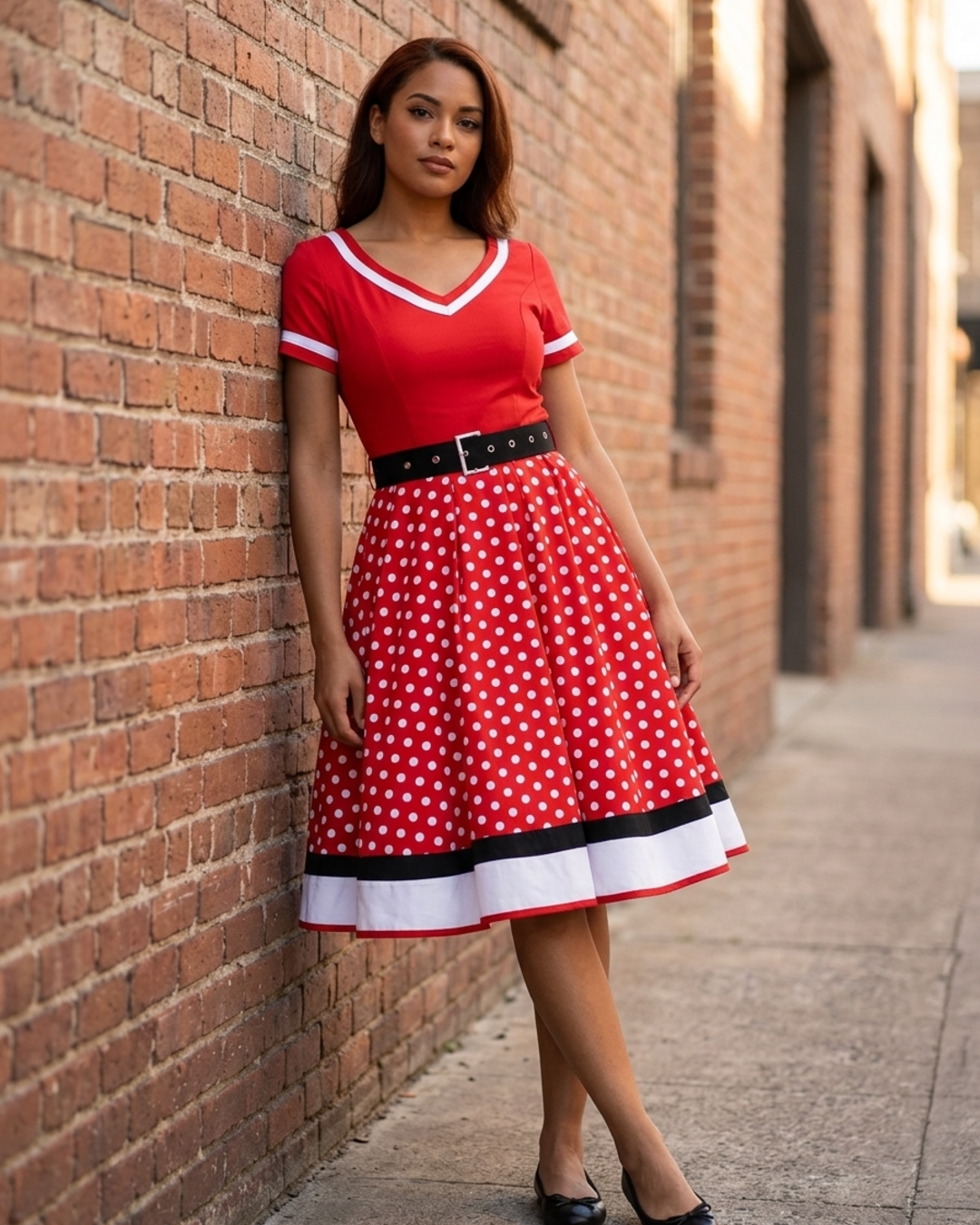 Women’s Vintage Swing Dress with Belt and Contrast Border Hem