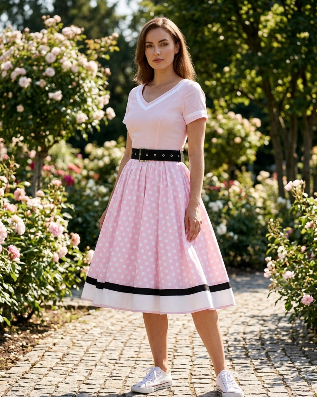 Women’s Vintage Swing Dress with Belt and Contrast Border Hem