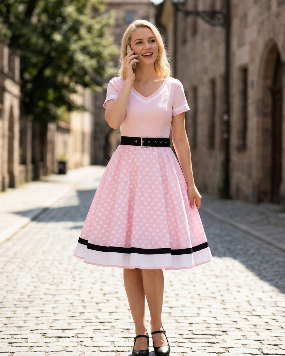 Women’s Vintage Swing Dress with Belt and Contrast Border Hem