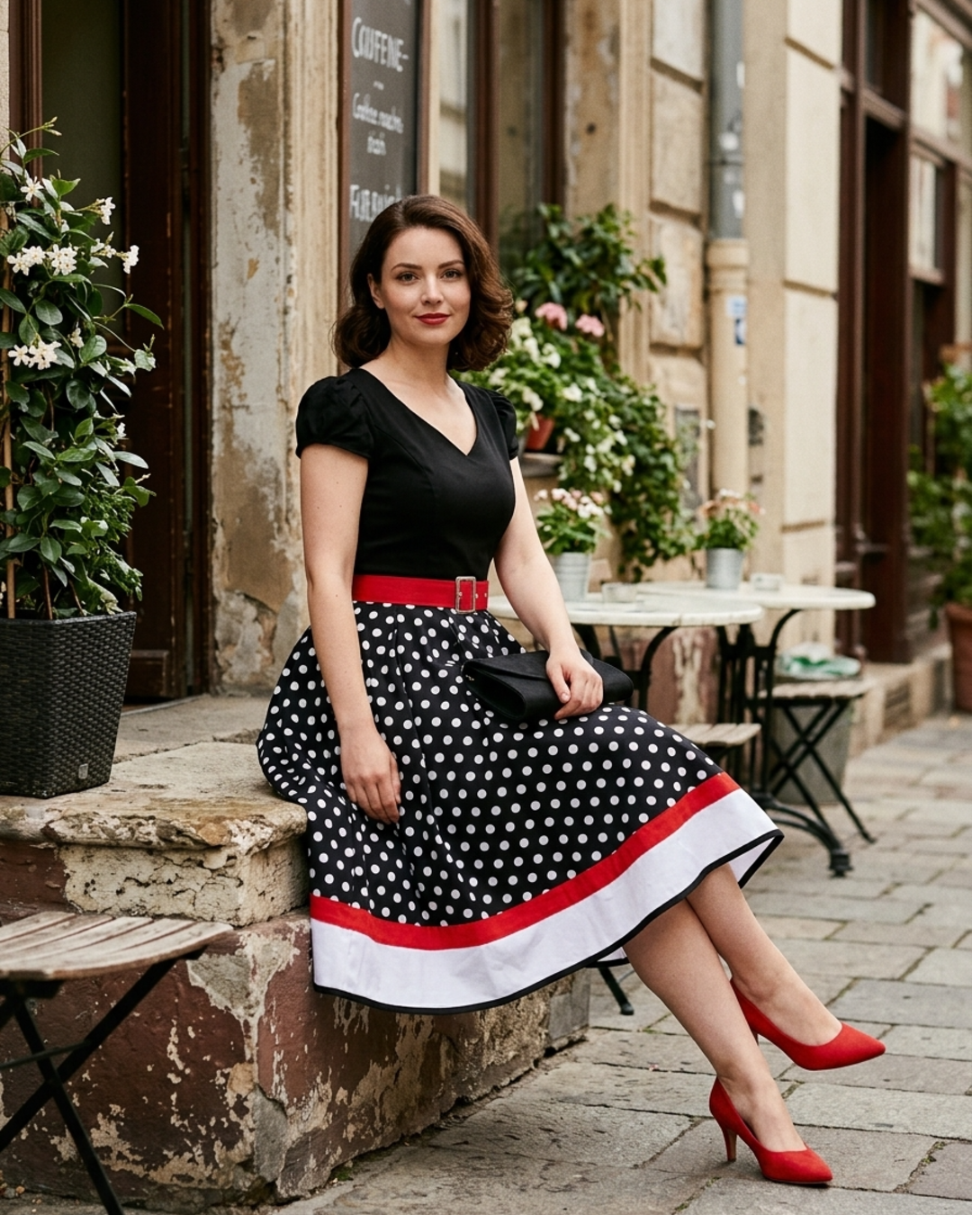 Women’s Vintage Swing Dress with Belt and Contrast Border Hem