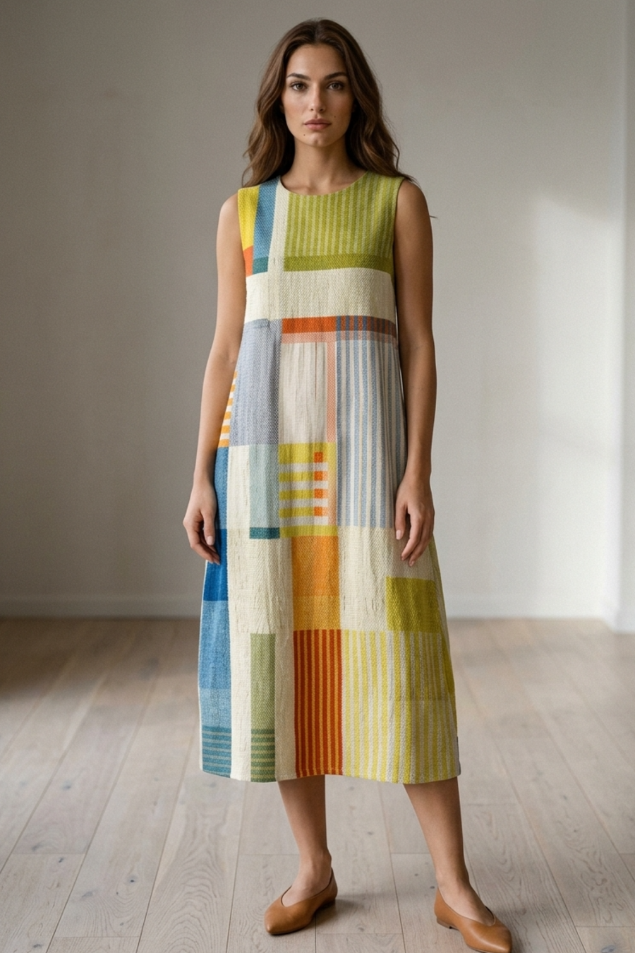 Women’s Midi Dress with Geometric Block Print and Functional Side Pockets