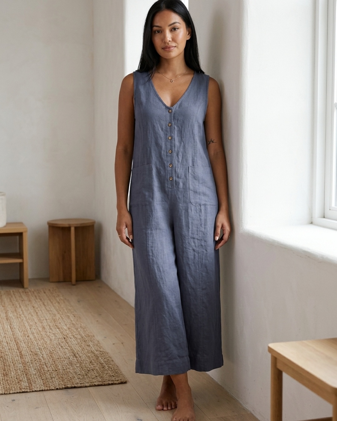 Women’s Sleeveless Jumpsuit Button-Down Wide Leg Linen Romper