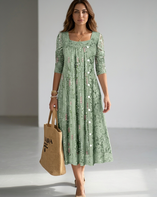 Women’s Midi Dress with Square Neckline and Asymmetric Button Trim