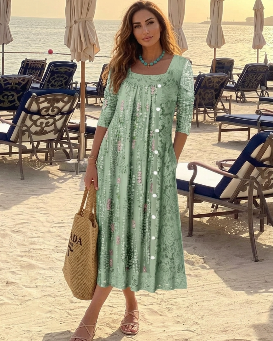 Women’s Midi Dress with Square Neckline and Asymmetric Button Trim