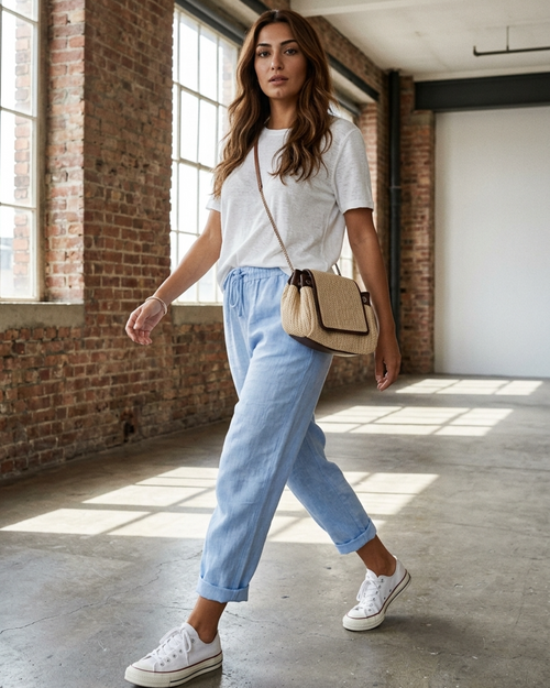 Women’s Casual Pants with Elastic Waistband and Functional Side Pockets