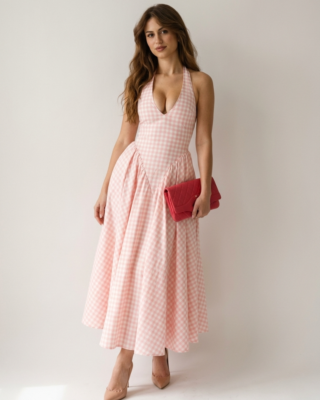 Women’s Halter-neck Maxi Dresses with Deep V-Neck and Drop-Waist Silhouette