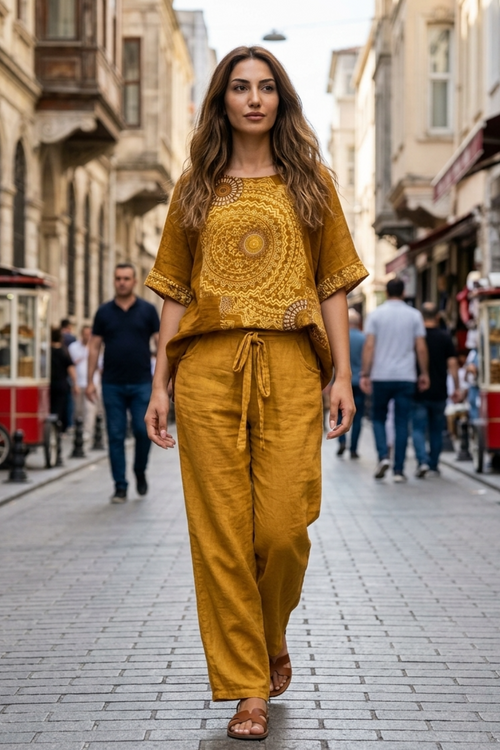 Women's Linen Co-Ord Set with Mandala Print Top and Wide Leg Pants