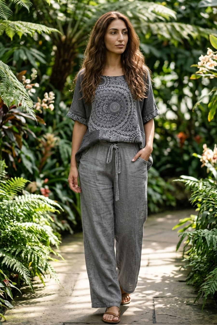 Women's Linen Co-Ord Set with Mandala Print Top and Wide Leg Pants
