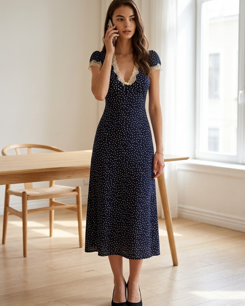 Women’s Boho floral midi dresses Alternative with Polka Dot and Lace Trim