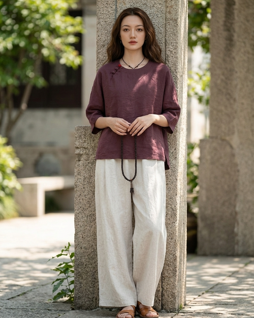 Women’s Tunic Tops with Linen Fabric and Mandarin Collar