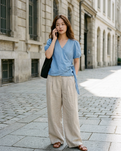 Women’s Tunic Tops with Linen Wrap Front and Puff Sleeves
