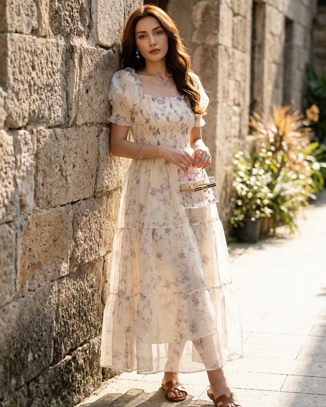 Women’s Pleated Square-Neck Midi Dress with Ruffled Puff Sleeves
