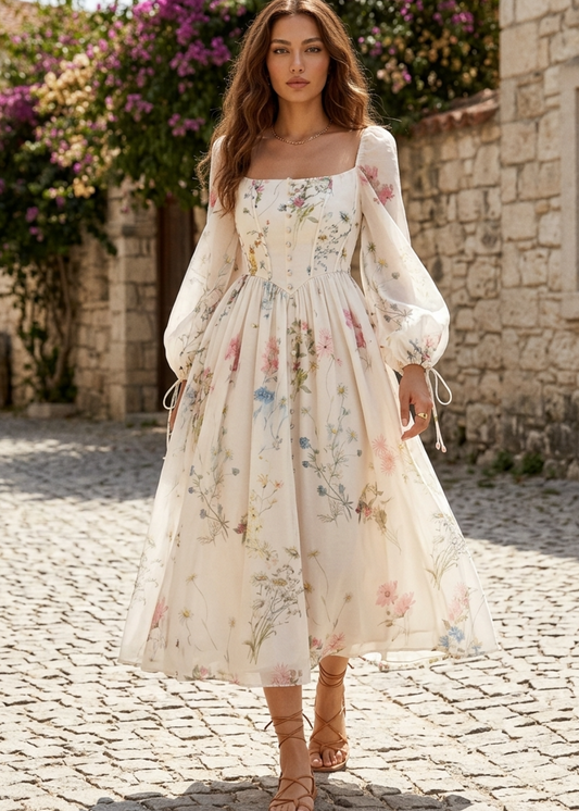 Women’s Boho Floral Midi Dress with Long Lantern Sleeves and Corset Waist