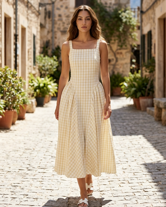 Women’s Midi Dress with Pleated Square-Neck and Gingham Pattern