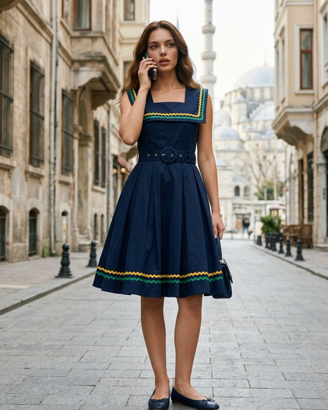 Women’s Midi Dress with Pleated Square-Neck and Ric Rac Trim