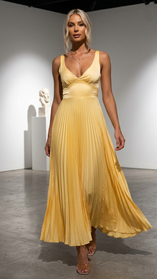 Women’s Pleated Maxi Dress with V-Neck Bodice and Sunray Pleat Skirt