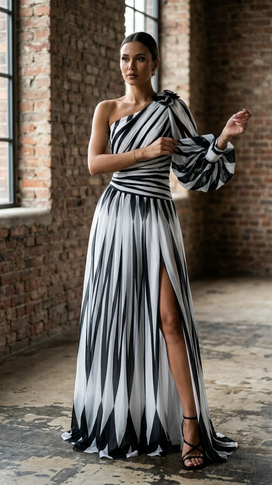 Women’s One-Shoulder Maxi Dress with Puff Sleeve and Thigh-High Slit Detail