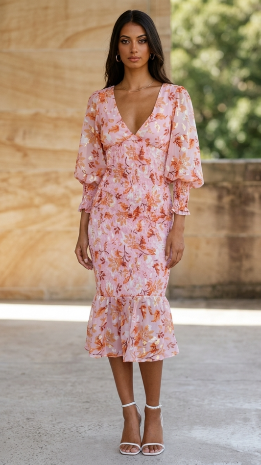 Women’s Floral Midi Dress with Smocked Body and Sheer Long Balloon Sleeves