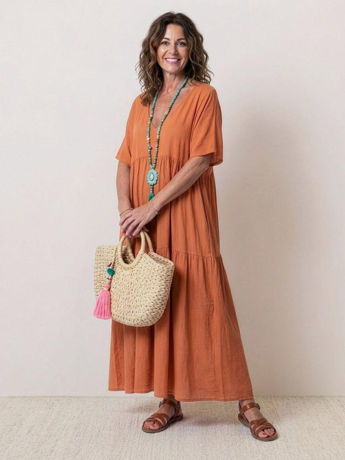 Women’s Tiered Maxi Swing Dress with V-Neck and Short Sleeves
