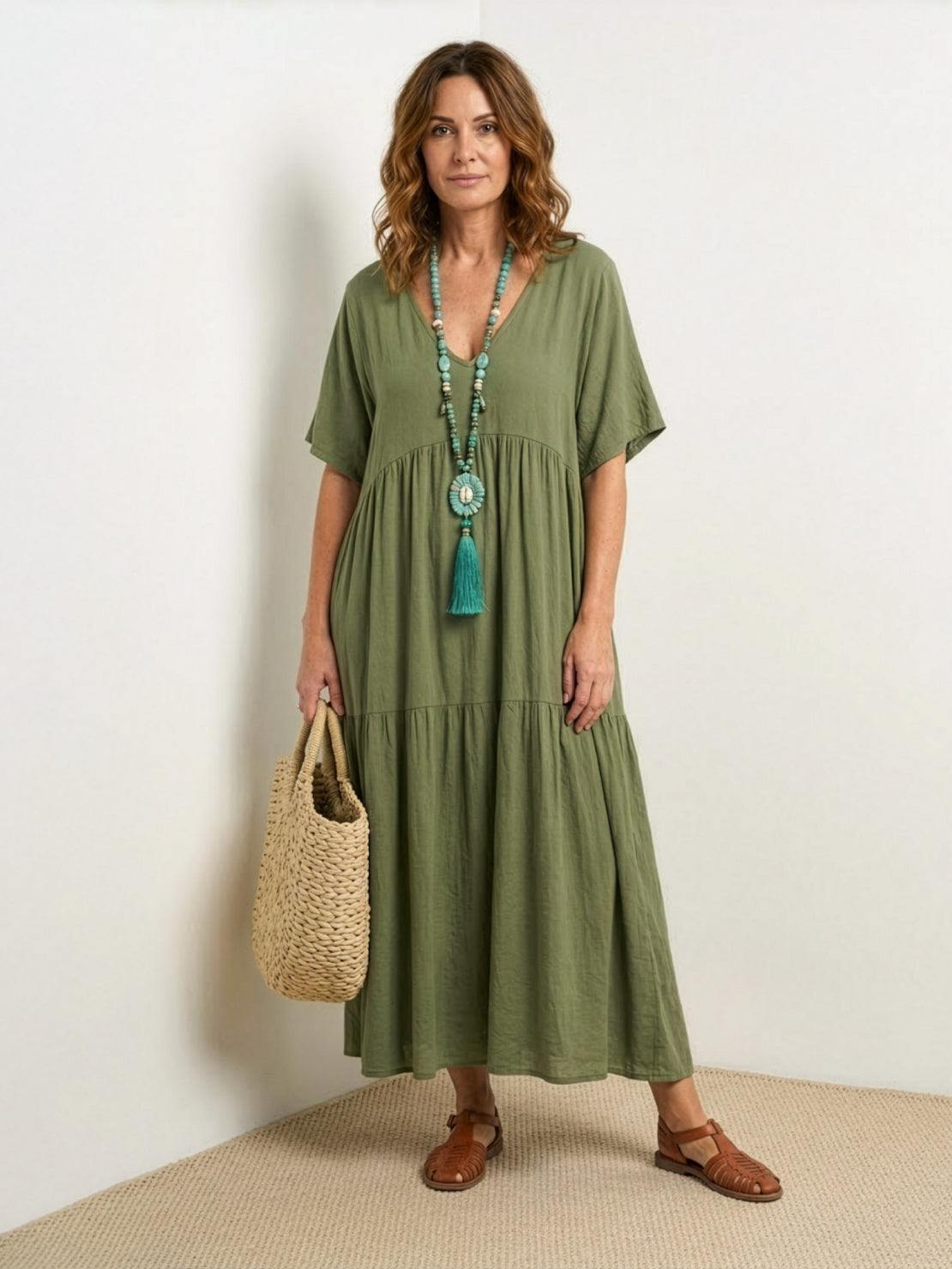Women’s Tiered Maxi Swing Dress with V-Neck and Short Sleeves