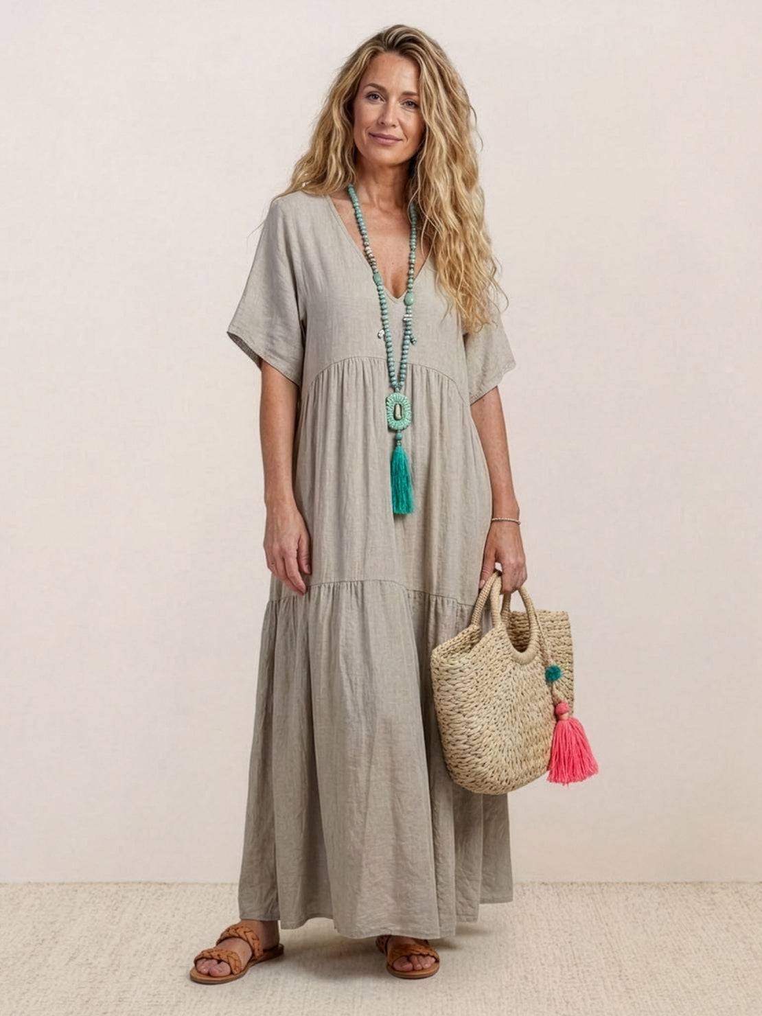 Women’s Tiered Maxi Swing Dress with V-Neck and Short Sleeves