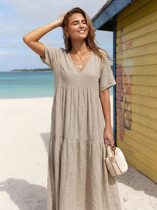 Women’s Tiered Maxi Swing Dress with V-Neck and Short Sleeves