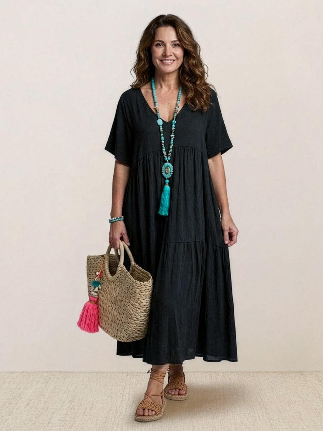 Women’s Tiered Maxi Swing Dress with V-Neck and Short Sleeves