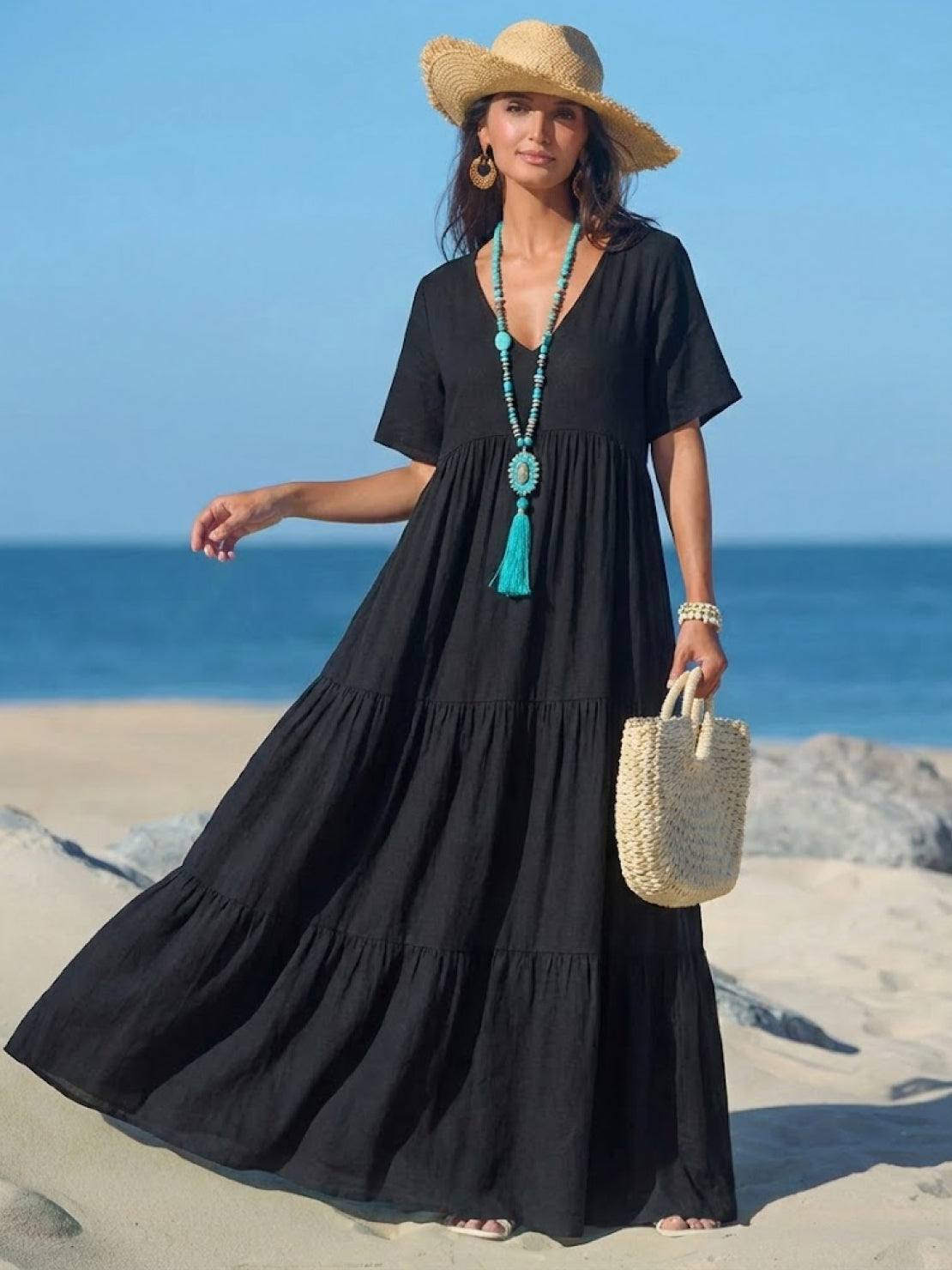 Women’s Tiered Maxi Swing Dress with V-Neck and Short Sleeves