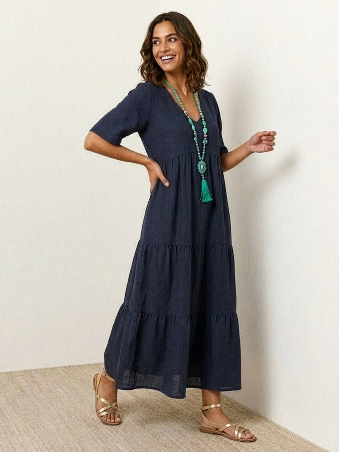Women’s Tiered Maxi Swing Dress with V-Neck and Short Sleeves