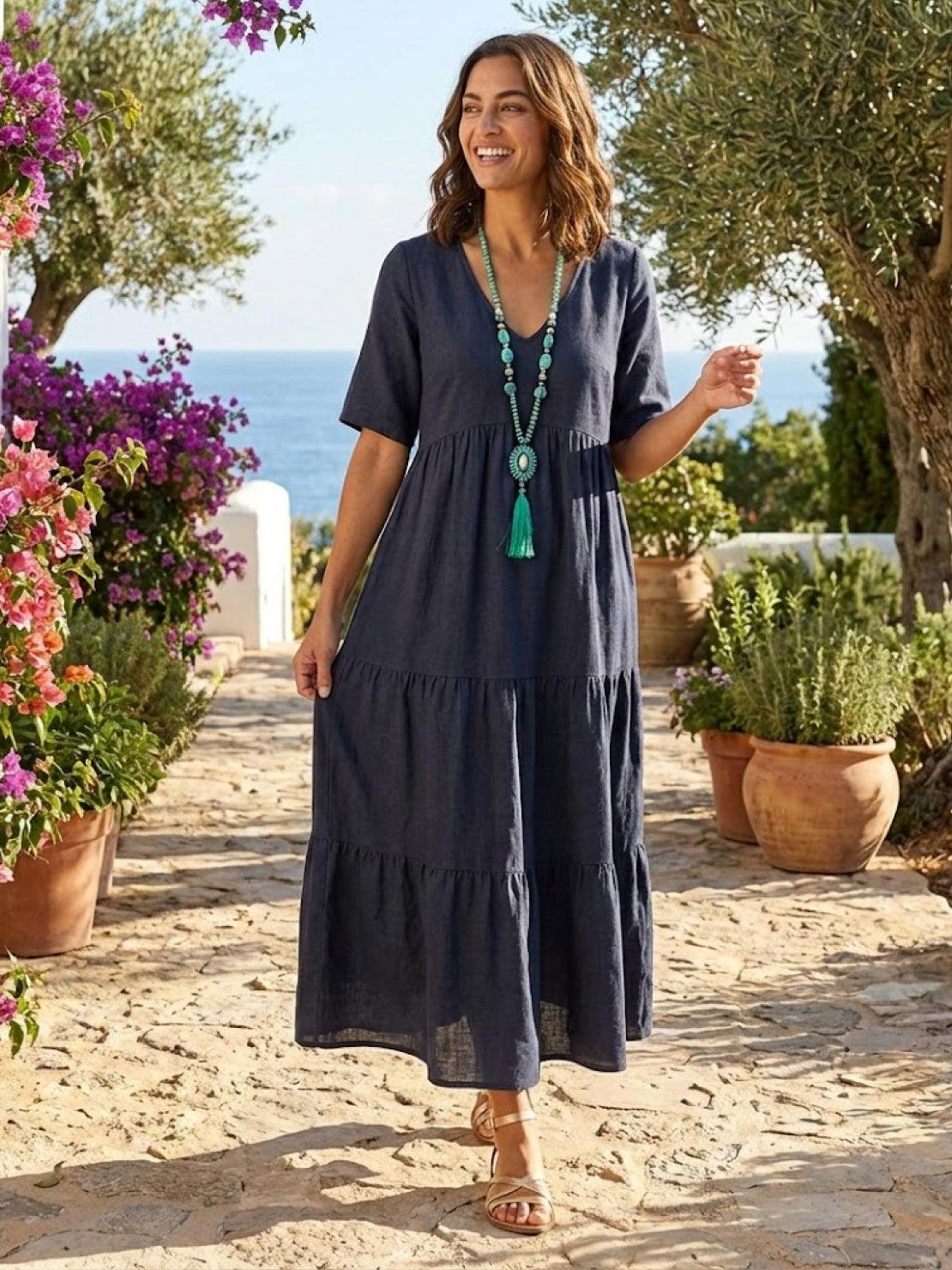 Women’s Tiered Maxi Swing Dress with V-Neck and Short Sleeves