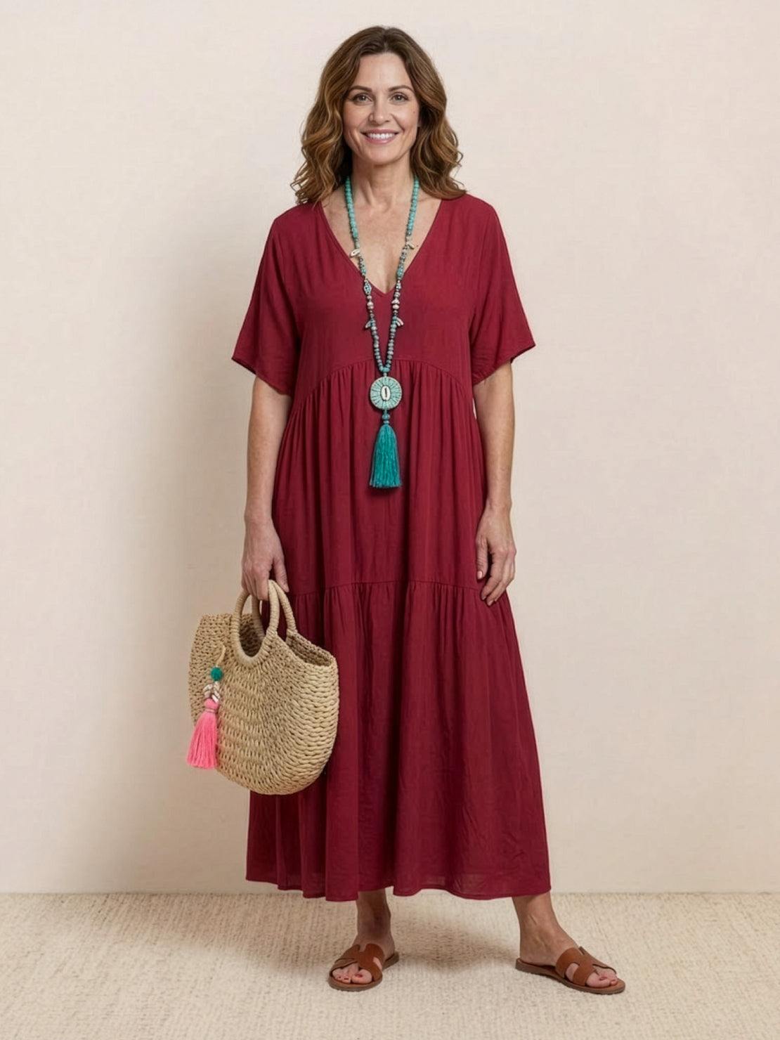 Women’s Tiered Maxi Swing Dress with V-Neck and Short Sleeves