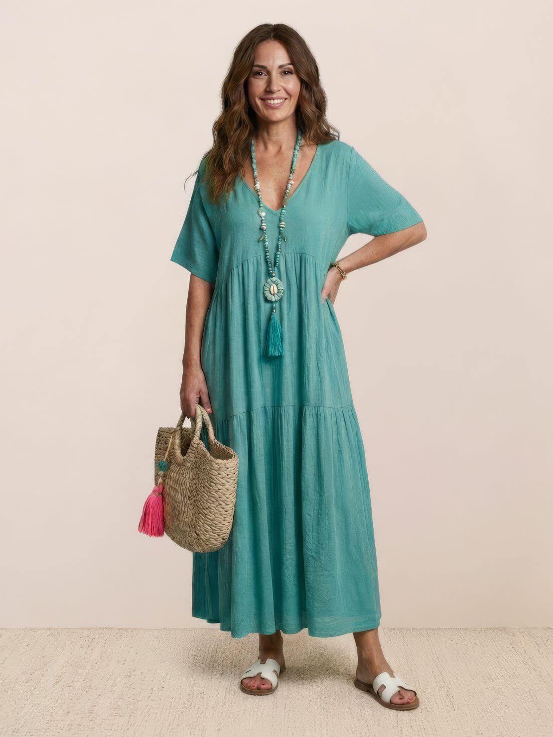 Women’s Tiered Maxi Swing Dress with V-Neck and Short Sleeves