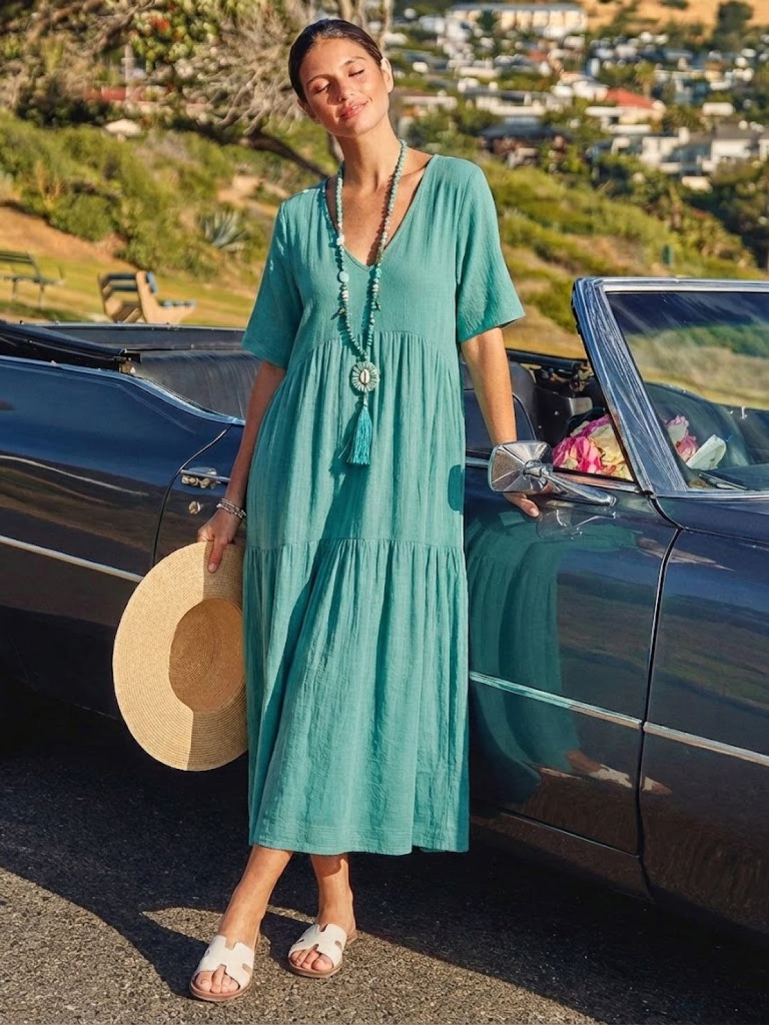 Women’s Tiered Maxi Swing Dress with V-Neck and Short Sleeves