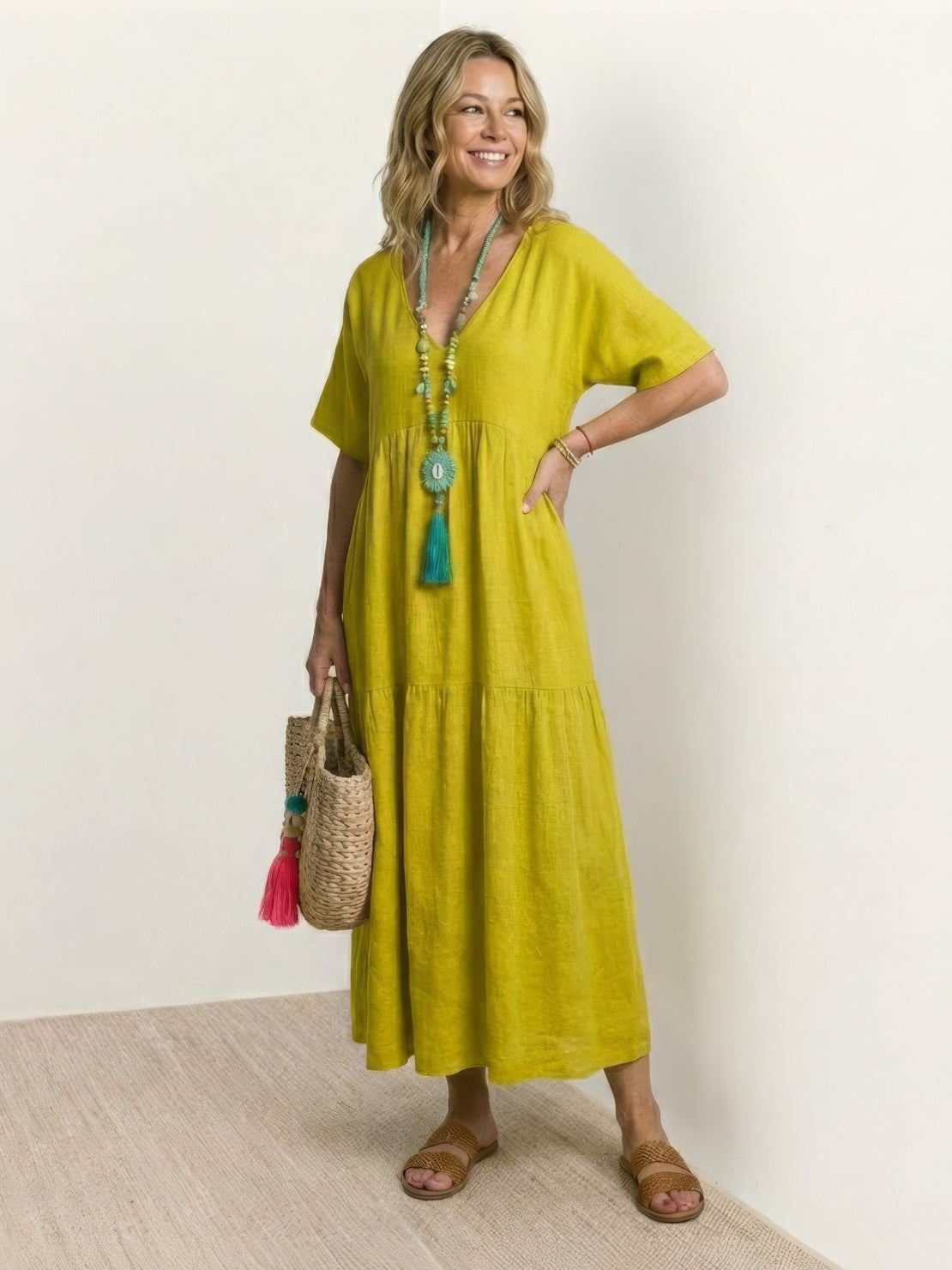 Women’s Tiered Maxi Swing Dress with V-Neck and Short Sleeves
