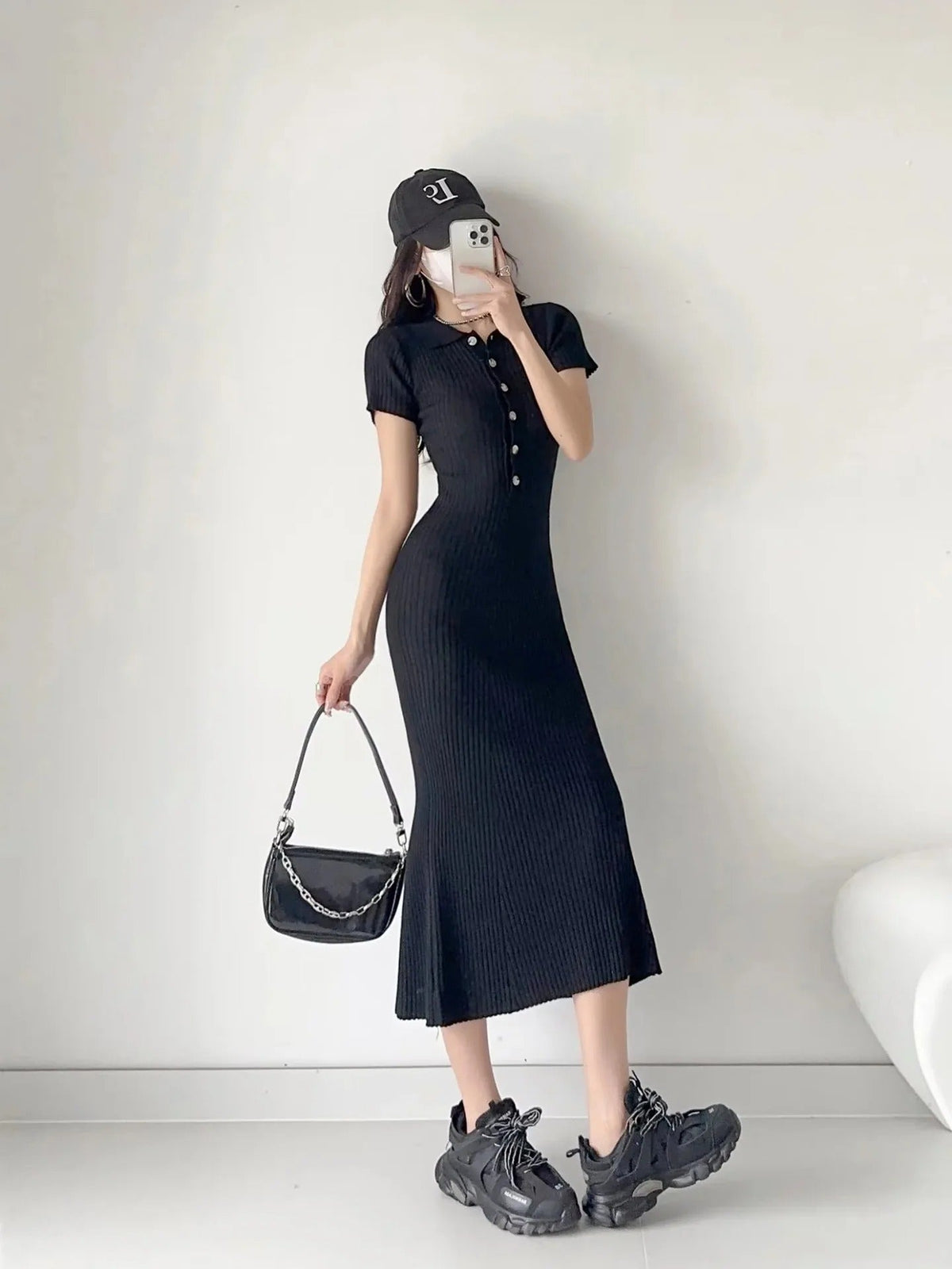 Women's Ribbed Polo Collar Midi Dress with Button Detail