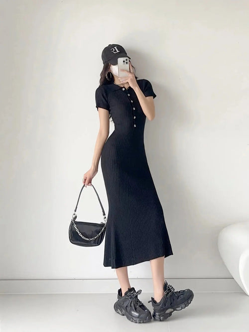 Women's Ribbed Polo Collar Midi Dress with Button Detail