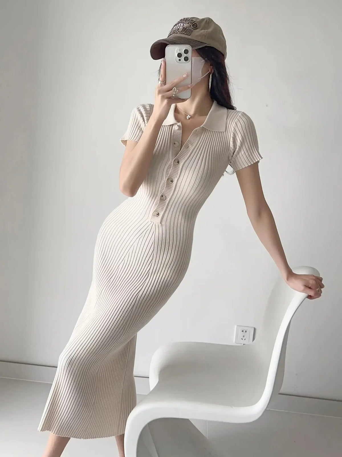 Women's Ribbed Polo Collar Midi Dress with Button Detail