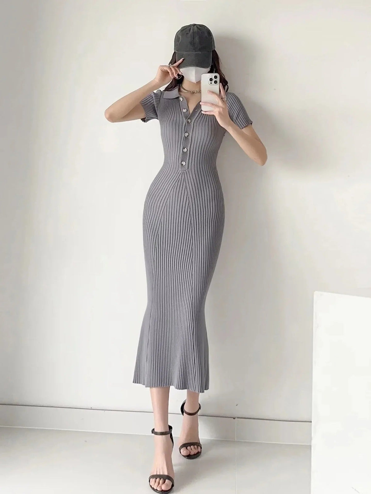 Women's Ribbed Polo Collar Midi Dress with Button Detail