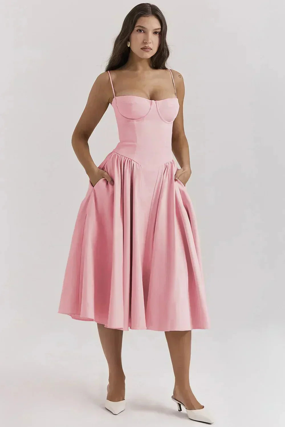 Women’s Corset Midi Dress Basqued Waist with Pockets Wedding Guest Gown