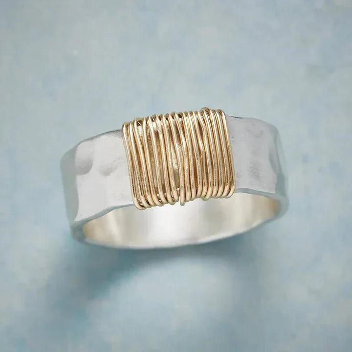 Women’s Hand-Hammered Sterling Silver Band with Gold-Fill Wire Wrap