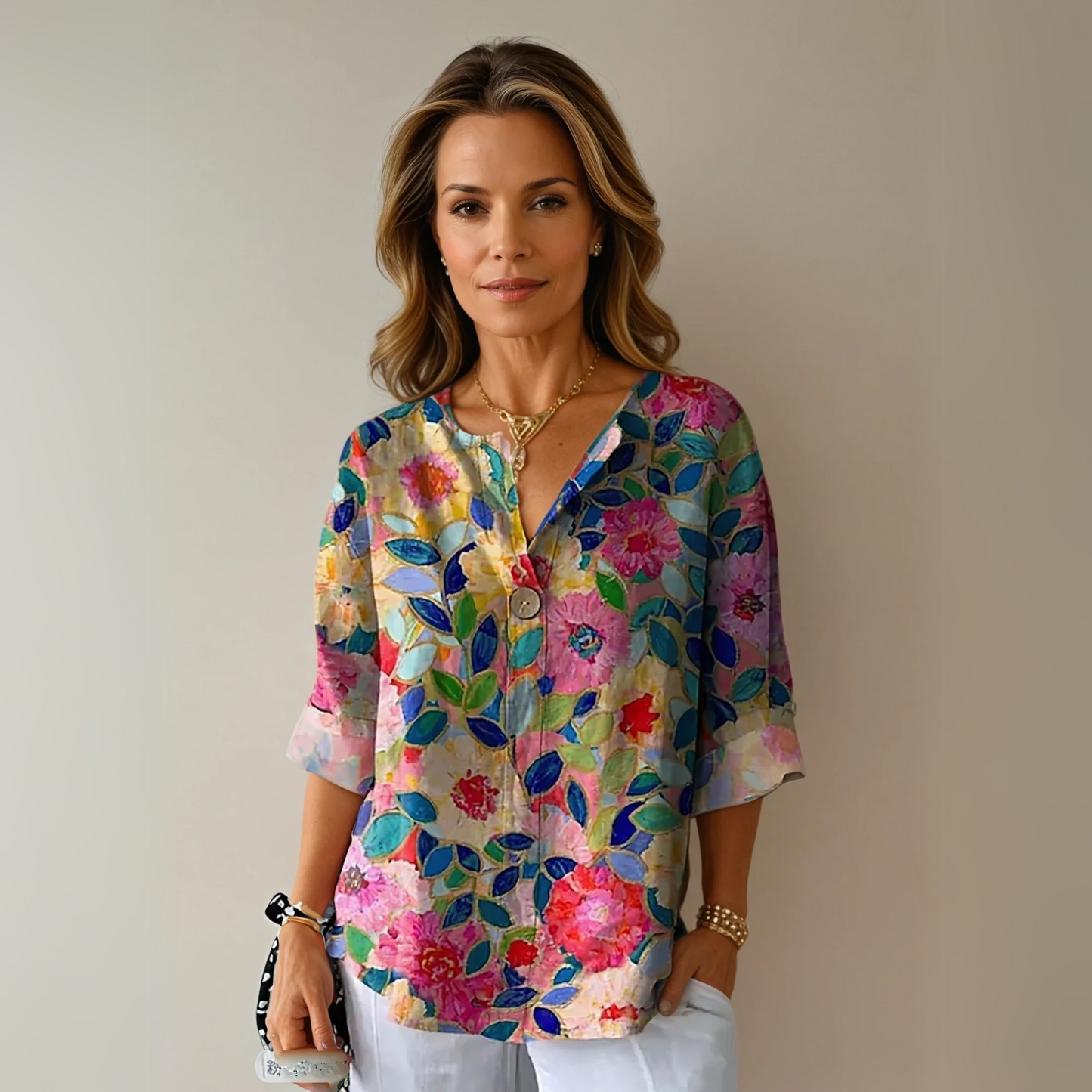 Women’s Blouse with 3/4 Sleeves and Artisanal Painterly Floral Print