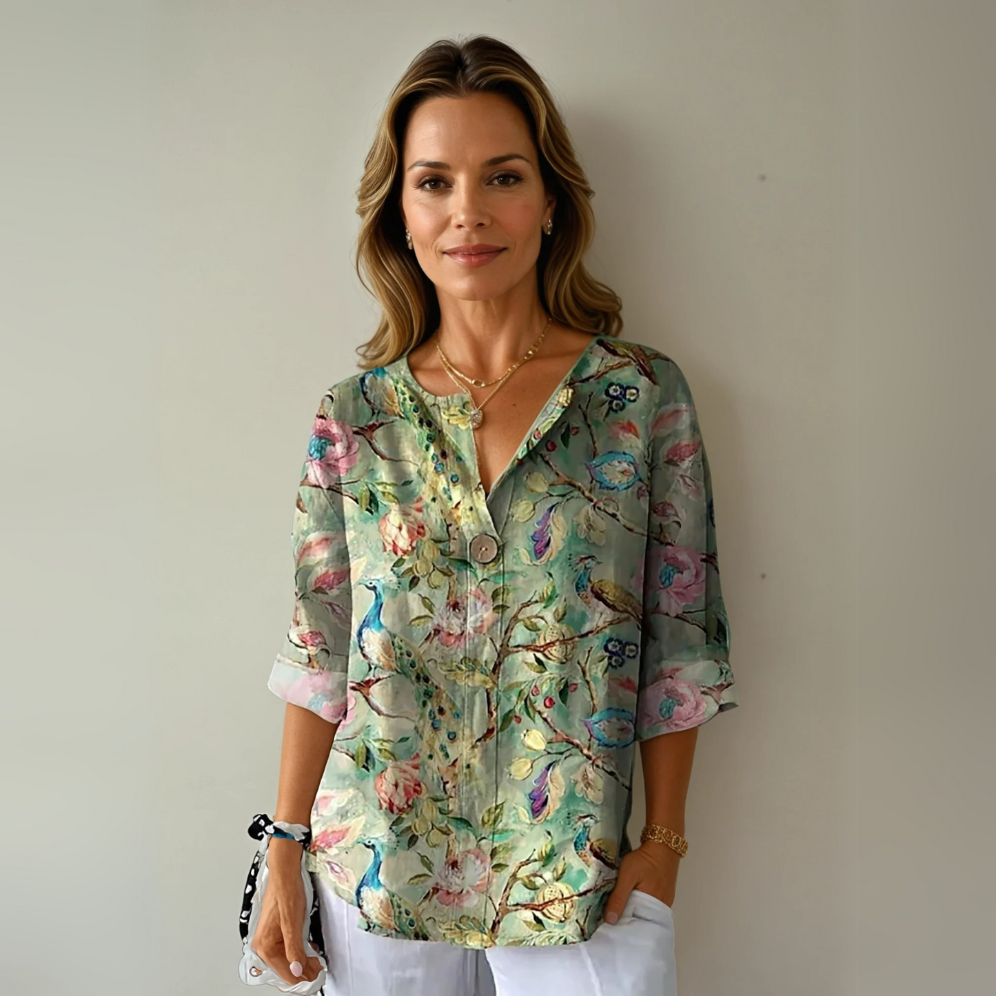 Women’s Blouse with 3/4 Sleeves and Artisanal Painterly Floral Print