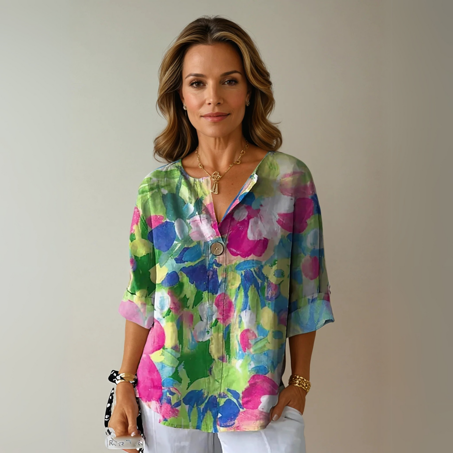 Women’s Blouse with 3/4 Sleeves and Artisanal Painterly Floral Print