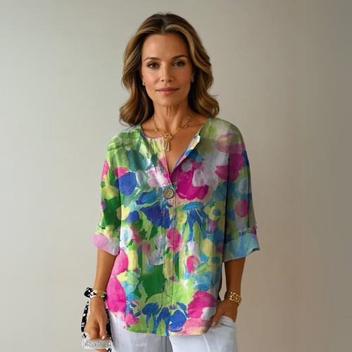 Women’s Blouse with 3/4 Sleeves and Artisanal Painterly Floral Print